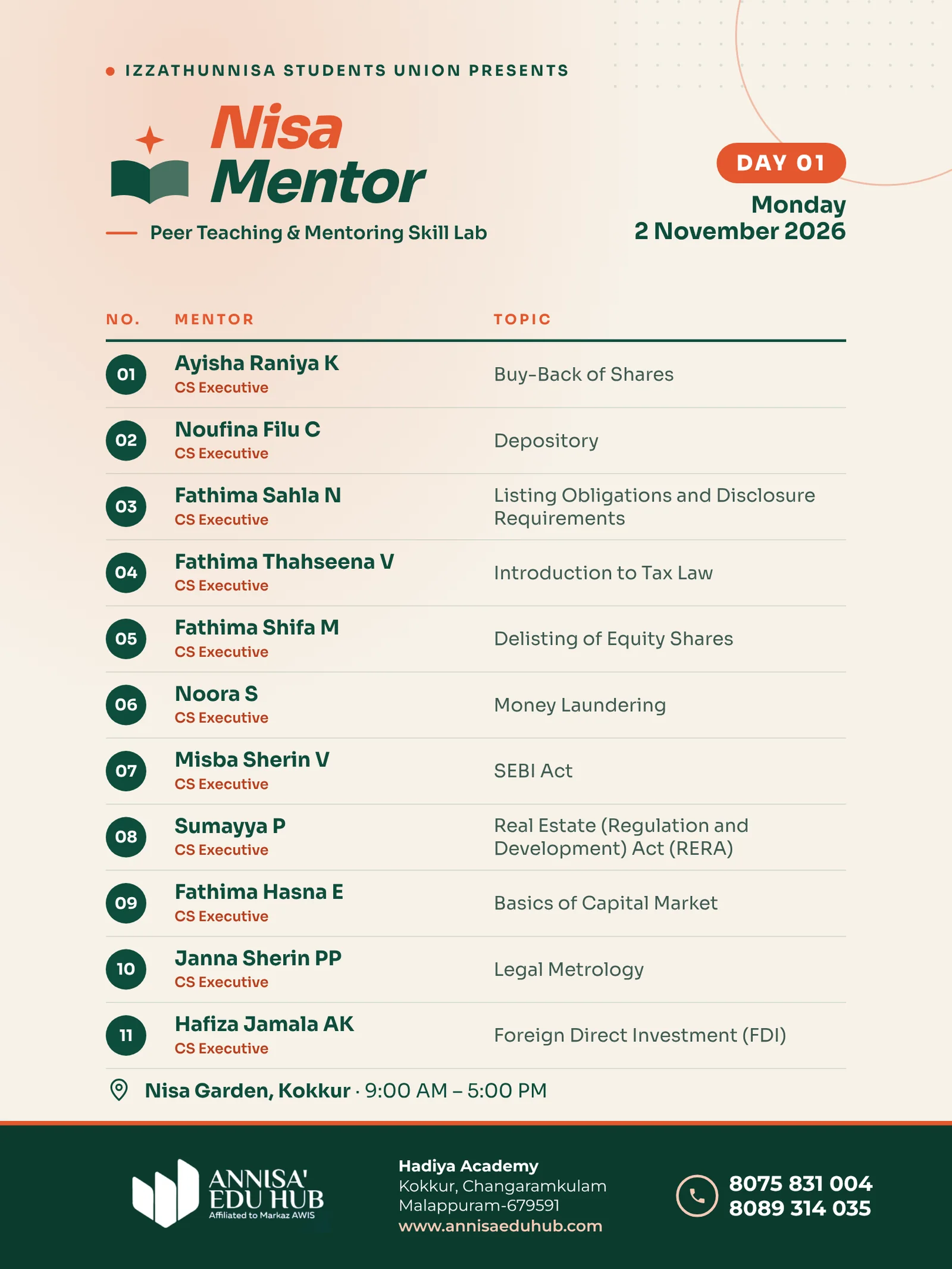 Nisa Mentor Day 1, Monday 2 November 2026: mentors and topics 01 to 11