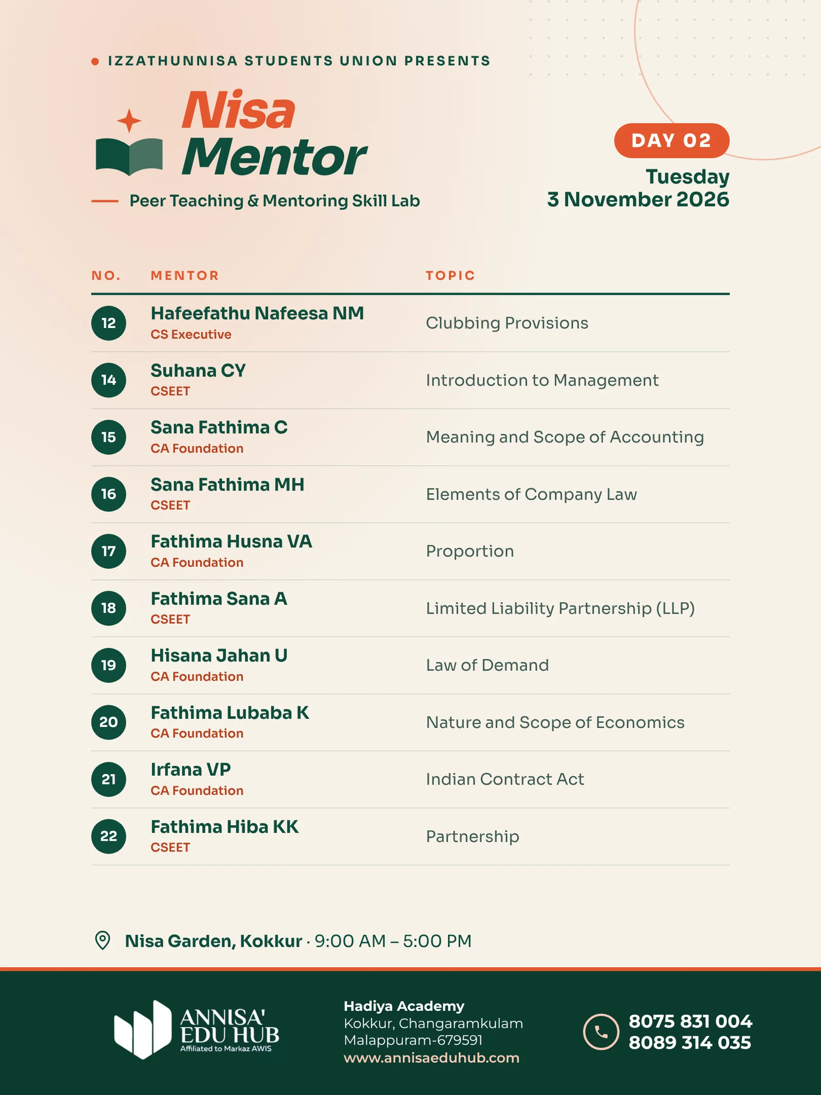 Nisa Mentor Day 2, Tuesday 3 November 2026: mentors and topics 12 to 22